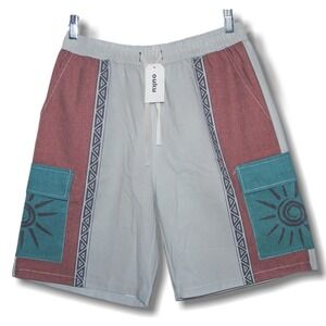 Vtg OUKU Medium 90s Y2K  Shorts Tribal Sun Pull On Drawstring Geo Aztec Festival